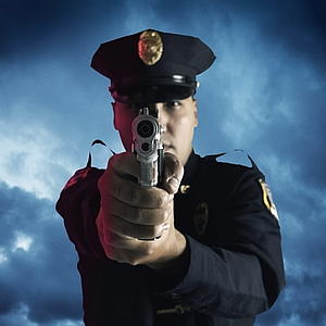 ROYALTY FREE, Male police officer aiming gun, COP, OFFICER, POLICE MAN,
